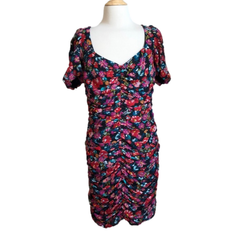 New 1. STATE Women's Size 8 Black Floral Ruched Bodycon Mini Dress Feminine